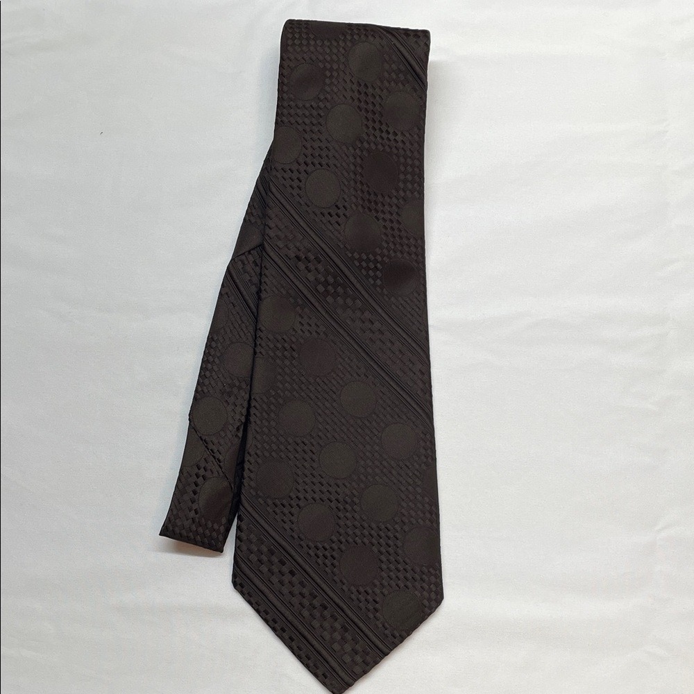 Louis Feraud Paris Tie Mens OS Brown Geometric Polka Dot Silk‎ Excellent Luxury